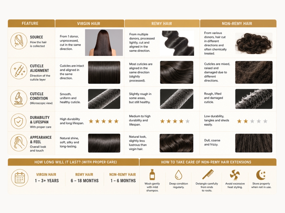 The difference between virgin, Remy, and non-Remy hair